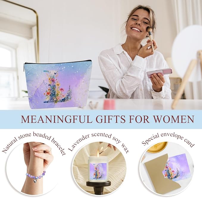 Personalized Gifts Monogrammed Birthday Gifts for Women, Mama New Mom Thanksgiving Wedding Christmas Initial Wine Tumbler Makeup Bag Scented Candle Bracelet Set, (Aesthetic Purple Flower L)