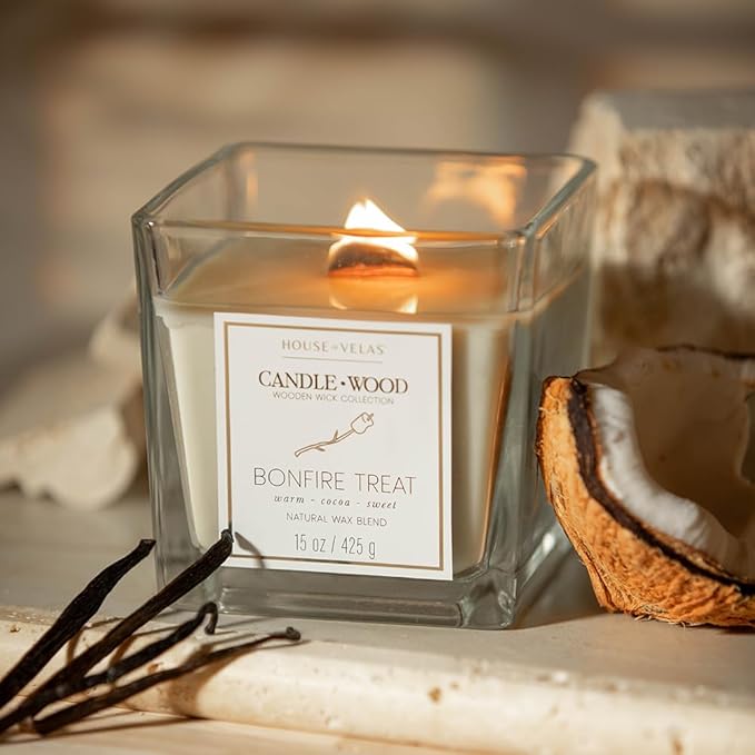 Candle Wood Collection, 15 oz, 1 Wooden Wick, Bonfire Treat, Square Glass Jar Candle