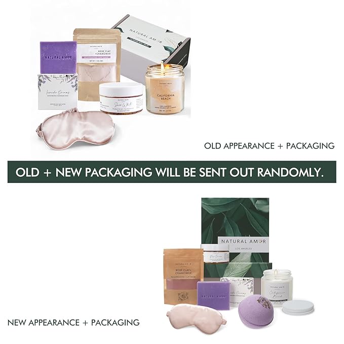 Natural Amor Spa Gift Set for Women – Handmade Lavender Soap, Rose Clay Mask, Candle, Rose Bath Salt & Sleep Mask – Relaxing Self Care Kit, Birthday Gift Box for Her