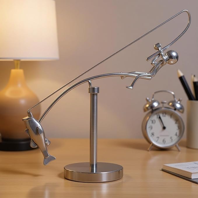 Kinetic Fishing Sculpture, Balance Art for Your Space, Metal Fishing Statue Home Office Desktop Ornament for Home Office Art Deco-B