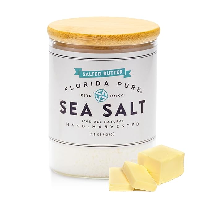 FLORIDA PURE Salted Butter Sea Salt - 80+ Mineral Sea Salt, Natural, Unrefined, Non Iodized - for Baking, Cooking, Seasoning & Enhancing Taste - Hand-harvested Flaky Sea Salt (4.5oz Jar)