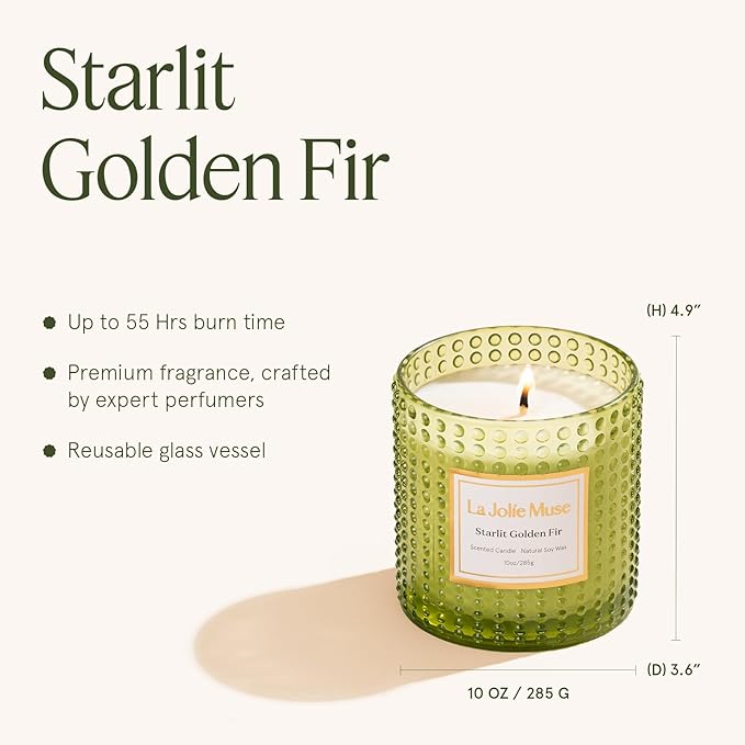 LA JOLIE MUSE Christmas Candles, Starlit Golden Fir Candle - Cedarwood, Patchouli, Fir Balsam | 10 oz Natural Soy Wax | 55 Hours Clean Burn |Winter Holiday Gift | Gift-Ready for Hosts & Gatherings
