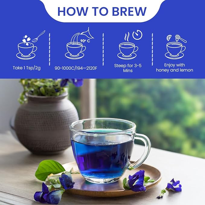 BLUE TEA - Butterfly Pea Flower Tea - 0.35 Oz - Pack of 2 (80+ Cups) Loose | Antioxidant Rich | Herbal Tea - Flower Based - Non-Bitter - Caffeine Free - Chemical Free | Zipper Packaging