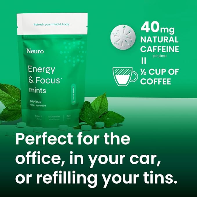 NeuroGum Energy & Focus Mints (Spearmint, 90 Pieces) | 40mg Natural Caffeine + L-Theanine + Vitamin B12 & B6 | Sugar Free Nootropic Cognitive Brain Performance Supplement
