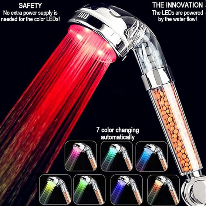 LED Handheld Shower Head Set with Filtration, Automatic 7-color Changing Shower Head Kit, High Pressure Handheld Shower Head with Hose and Bracket, Water Saving Showerheads with Filtration Beads