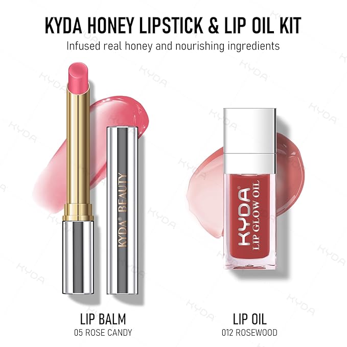 KYDA Rose Honey Lipstick Kit, Includes Honey Lipstick Tinted Lip Balm and Lip Glow Oil, Sheer Rosy Lips Color with a Hydrating Oils Formula, for Smooth Dewy Finish