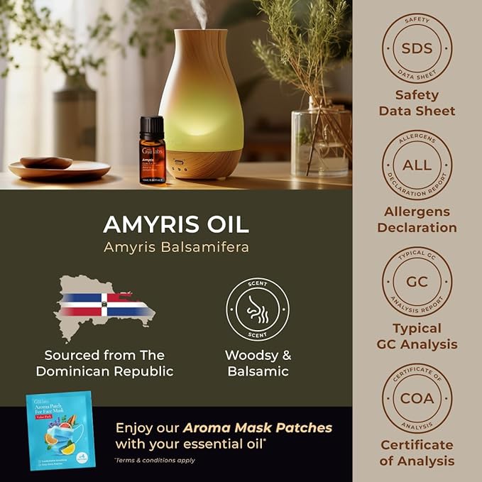 Gya Labs Amyris Essential Oil - 0.34 Fl Oz - for Hair, Skin, Diffuser, Aromatherapy & DIY Candle Making Scent