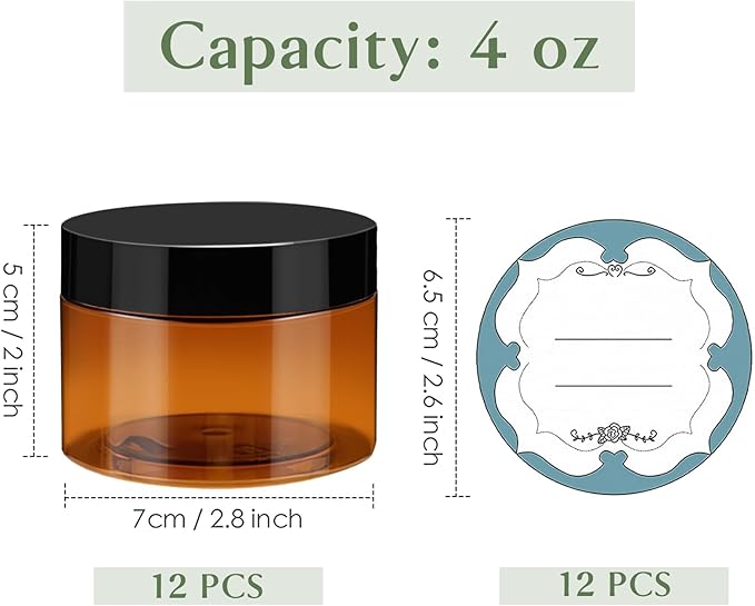 Qeirudu 4 oz Amber Plastic Jars with Lids and Labels, 12 Pack Empty Brown Body Butter Containers for Cosmetic, Body Scrub, Creams and Lotion