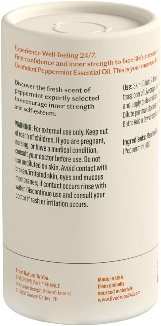 LIVEDROPS 24/7 Confident Peppermint Essential Oil, Natural Vegan Aromatherapy for Diffuser or Diluted Skin Use, Cooling Mint Scent, Steam Distilled Made in USA, Clinically Tested, 10ml