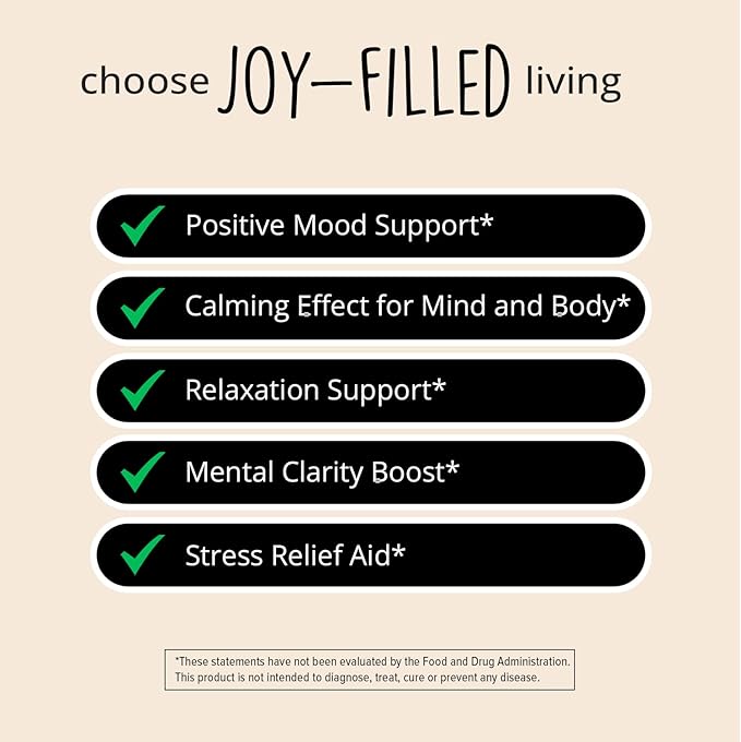 Joy-Filled Mood Support Supplement - 7 Herb Complex w/St. Johns Wort | Stress Relief – Helps Calm The Mind & Body | 100% Plant-Based Happy Pills, Ashwagandha, Rhodiola Rosea | Adaptogens, 60 Ct