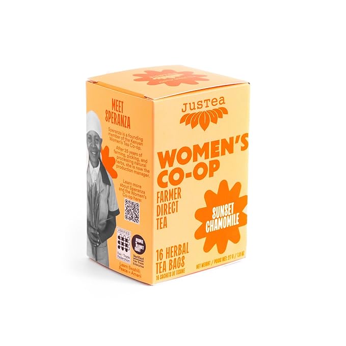 JusTea Sunset Chamomile | Herbal Tea Bags, Caffeine-Free, Organic Chamomile Tea | Fair-Trade | Plastic-Free Tea Bags | Vegan, Sugar-Free, Gluten-Free | 16 Tea Bags