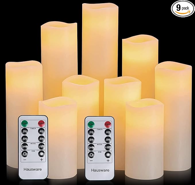 Hausware Flameless Candles Battery Operated Candles H 4" 5" 6" 7" 8" 9" Real Wax Pillar Flickering Candles LED Flameless Candles with Remote and Timer Control Set of 9 (Ivory Color)