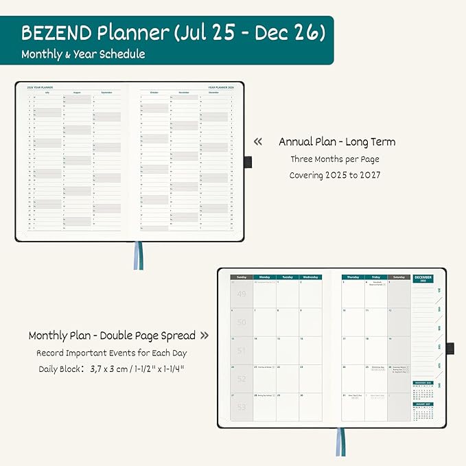 BEZEND 2026 Planner Weekly and Monthly (6" x 8.5"), 2-Column Calendar Book (Jul 25-Dec 26), Dual Schedule for Daily Appointment, Inner Pocket & Tabs, PU Leather Hardcover - Black