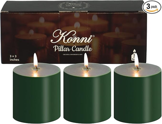 KONNI Navy Green Pillar Candles Set of 3, 3"x 3" Unscented Pillar Candles Bulk, 30 Hours Long Burning Candles, Smokeless&Dripless Large Round Candle for Wedding, Home Decoration, Parties, Spas, Dinner