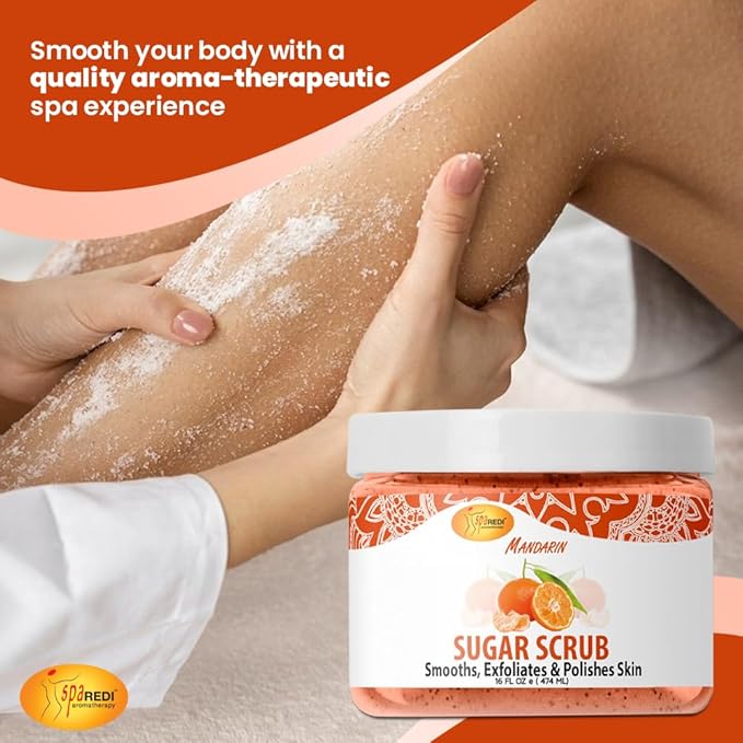 SPA REDI – Sugar Body Scrub, Mandarin, 16 Oz, Exfoliating, Moisturizing, Hydrating and Nourishing, Glow, Polish, Smooth and Fresh Skin - Body Exfoliator