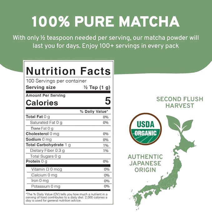 HANDPICK Japanese Organic Matcha Green Tea Powder (100 Servings) - Authentic Premium Second Flush Harvest | Resealable Ziplock Pouch