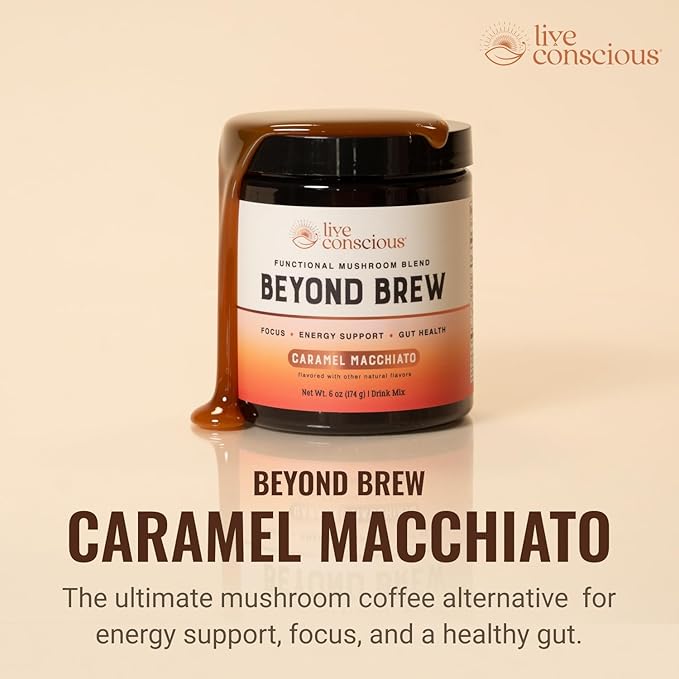 Beyond Brew Caramel Macchiato Coffee Alternative - Low Caffeine Superfood - Powerful Mushroom Complex with Lion’s Mane, Reishi & Chaga - Brewed Drink with Prebiotics & Probiotics (2-pack)