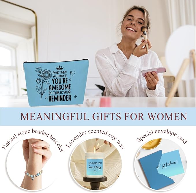 Positive Self Care Birthday Gifts for Women, Thank You Get Well Soon Thinking of You Gifts for Women, Teacher Friends Girls Christmas Friendship Wine Tumbler Makeup Bag Scented Candle Bracelet Basket