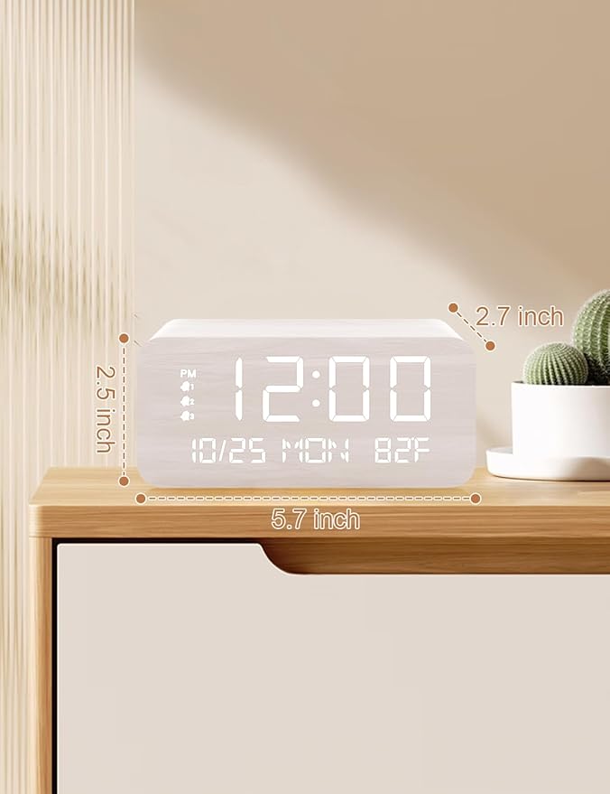 Digital Alarm Clock, with Wooden Electronic LED Time Display, 3 Alarm Settings, Humidity & Temperature Detect, Wood Made Electric Clocks for Bedroom, Bedside, Desk (White-Wireless)