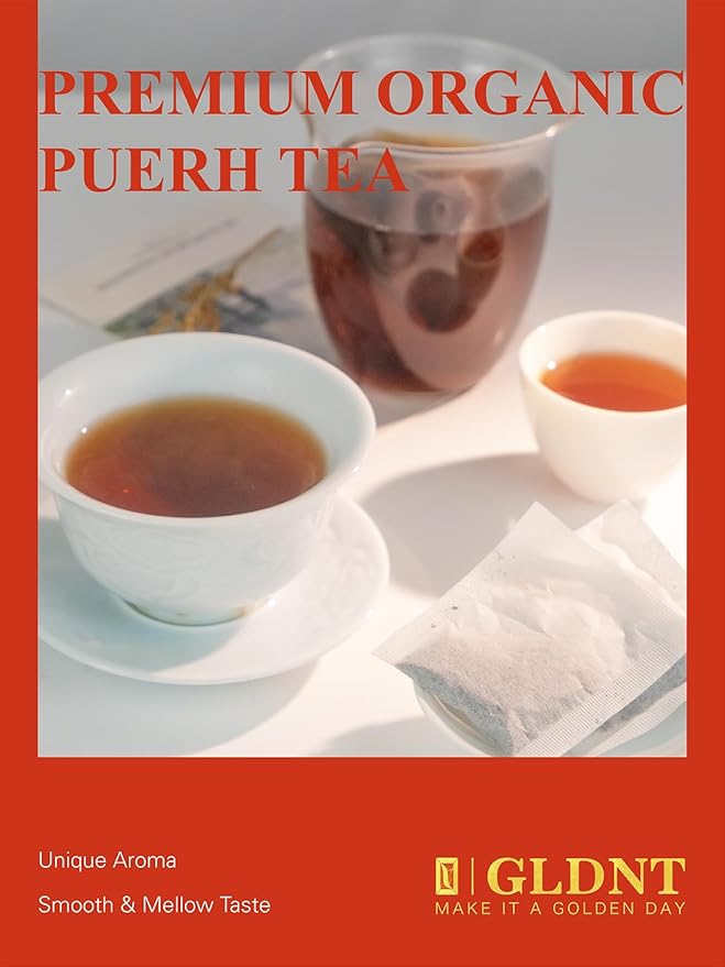GLDNT Organic Pu-erh Tea Bags, Fermented Yunnan Dark Tea, Bold & Mellow Flavor, Caffeinated, 100 Count