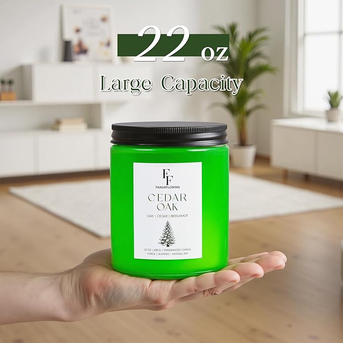 Cedar Oak Large Scented Candle, 3-Wick 22oz Long Lasting Scented Candle, Natural Soy Wax Aromatherapy Candle for Home, Autumn Candle Gifts for Women Men