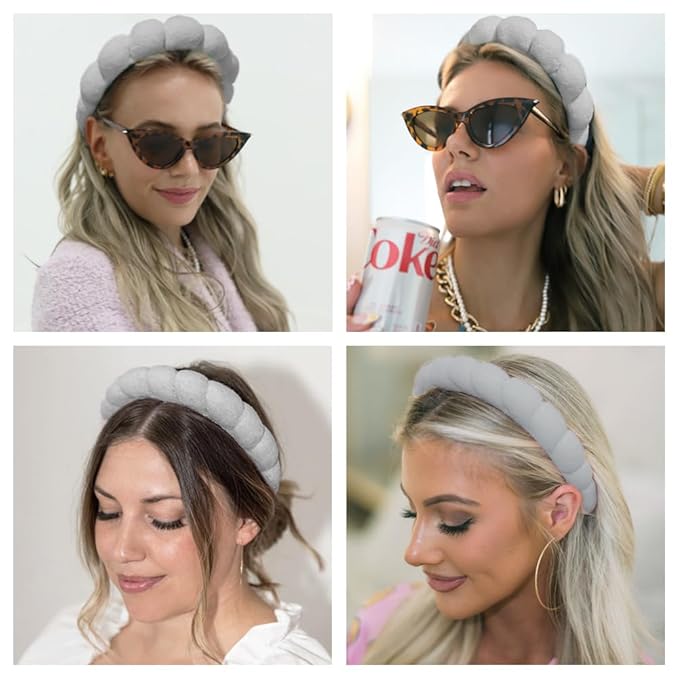 Spa Headbands for Washing Face or Makeup, Sponge Bubble Skincare Headbands, Puffy Terry Cloth Hairband for Women, Skin Care Makeup Headwear Hair Accessories for Girls(Gray)