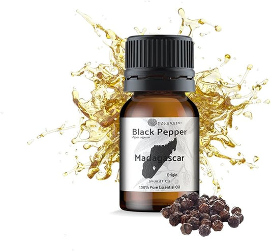 Black Pepper Essential Oil - Direct from Madagascar Farms - Steam Distilled - Aceite Pimienta Negra for Aromatherapy, Massage, Diffuser, DIY Candle and Soap Making - 5ml