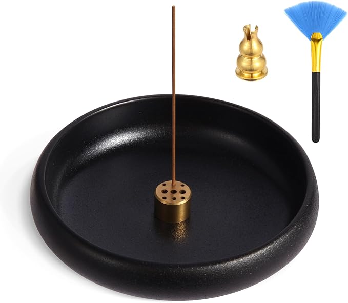 Incense Holder for Sticks, Sage, Coil Incense, Incense Stick Holder 5.71" for Yoga Meditation Energy Cleansing, Ceramic Incense Burner Holder with 9 Holes, Ash Catcher, Smudge Bowl (Black)