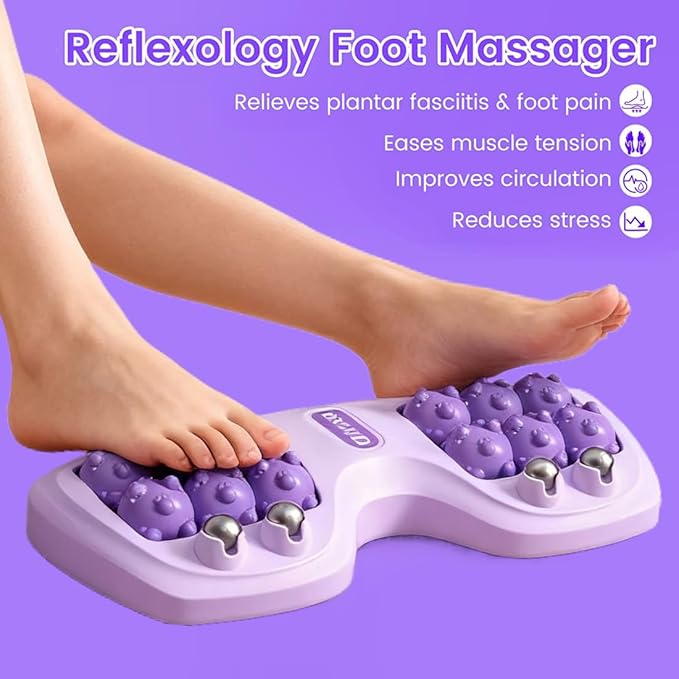 Foot Massager Roller for Plantar Fasciitis Relief, Dual Foot Acupressure Therapy for Pain Relief, Stress Relief and Improved Circulation, Portable Reflexology Tool for Home and Office Use (Purple)