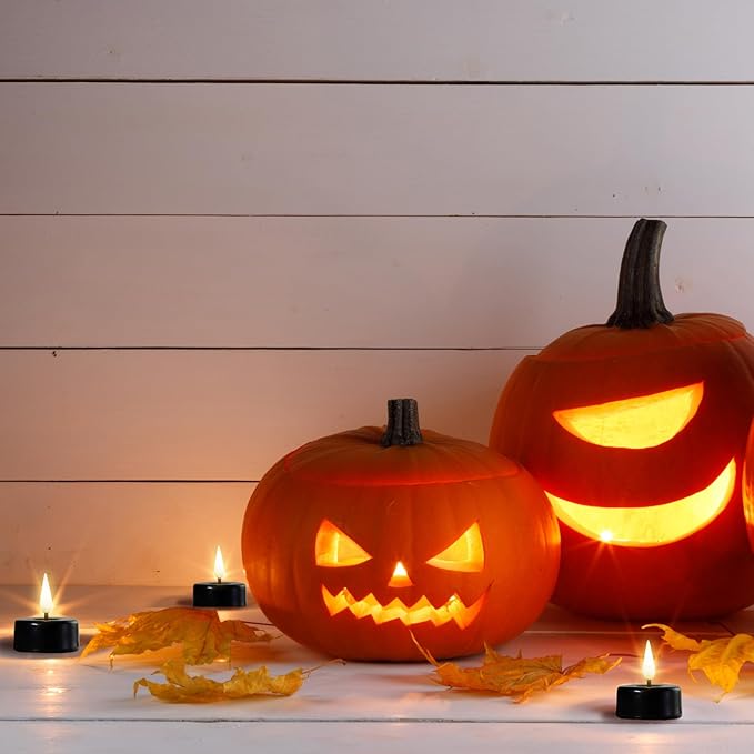 Eywamage Black Halloween Flameless Tealights with Remote Batteries, Real Wax Flickering LED Tea Votive Candles Set of 10