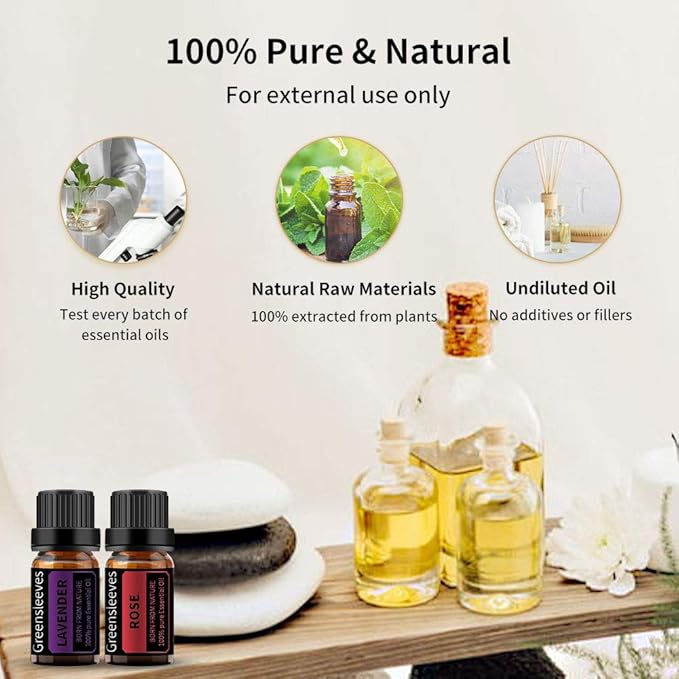 GREENSLEEVES Rose Lavender Essential Oil Set, 2 x 10ml Pure Plant-Based Fragrance Oil for Aromatherapy, Essential Oils for Diffuser, Massage, Bath Bomb, Scented Candle Soap Making