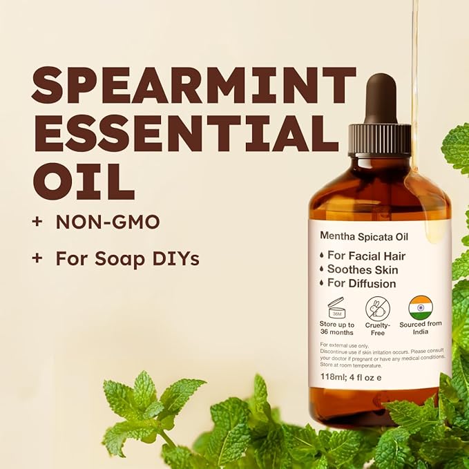 KUKKA Spearmint Essential Oils - 4 Fl Oz - for Hair, Skin, Diffuser, Aromatherapy & DIY Soap Making Scent