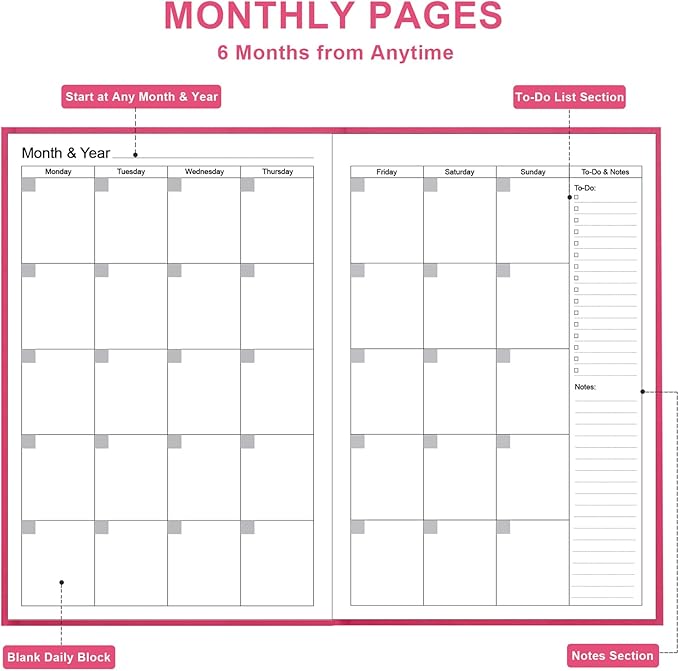 Daily & Monthly Planner for 2025 2026 or Anytime - ADHD Planner Two Pages Per Day, Daily Planner Undated to Increase Focus, Eliminate Overwhelm, Achieve Your Biggest Goals, 5.8'' × 8.3'', Pink