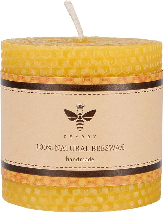 3×3 in Beeswax Pillar Candle - Handmade Pure Beeswax Rolled Candle for Gift & Home Decor