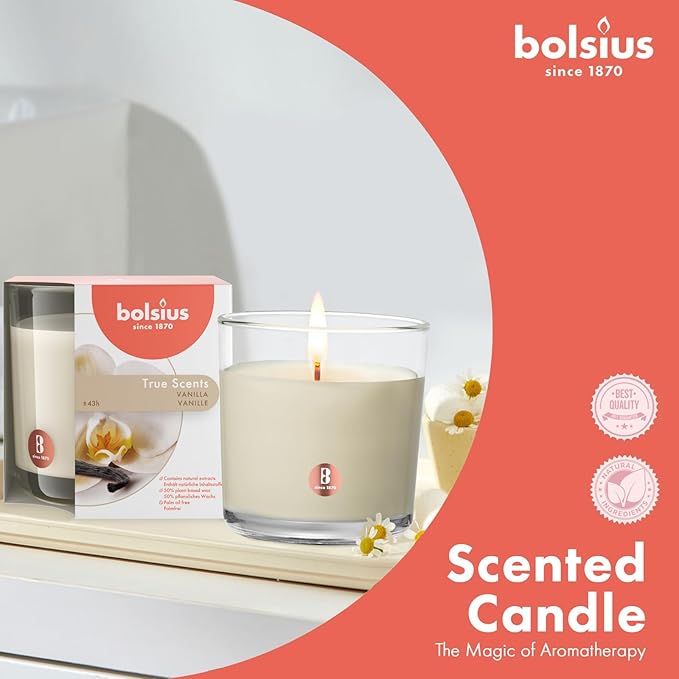 Bolsius Premium Vanilla Scented Candle - Long-Lasting Candle Jar, 43+ Hours Burning Time - Natural Vanilla Candle with Plant-Based Wax- Smokeless. Clean-Burning Aromatherapy Candle - Large, 8oz Jar
