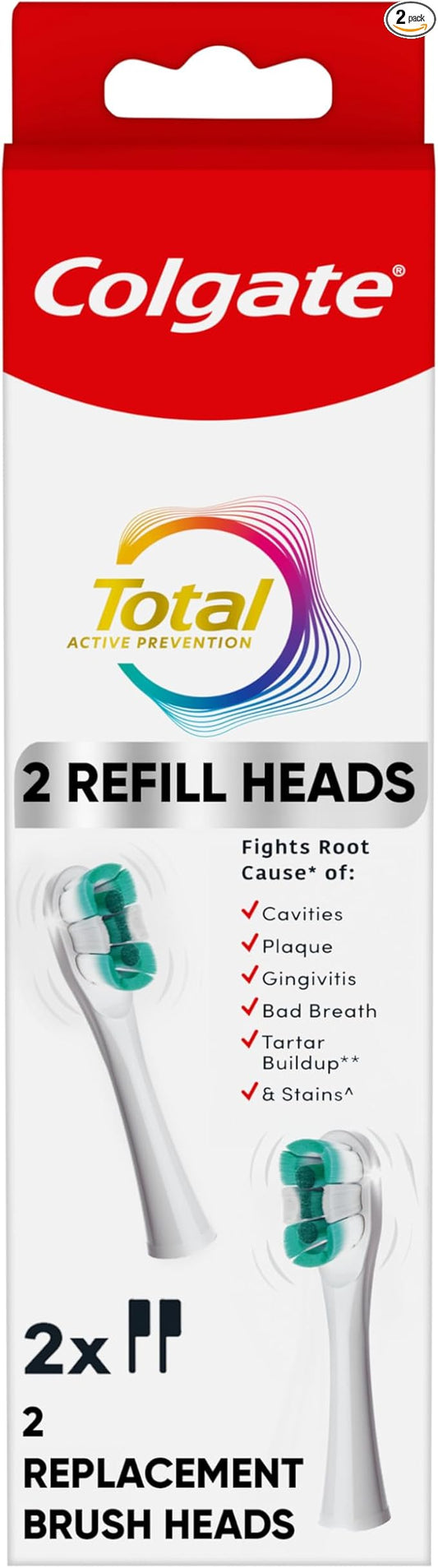 Colgate Total Battery Replacement Toothbrush Heads Pack, Fits Any Total Battery Powered Toothbrush, White, 2 Pack