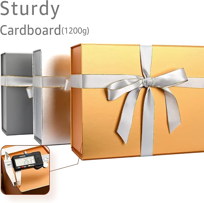 LIFELUM Gold Gift Boxes with Lids,1 Pack 13.85 x 8.35 x 4.45 inch Gift Box with Ribbon, Card, Shredded Paper Filler Gift Box for Valentine's day,Christmas,Birthdays, Bridal Gifts,Weddings