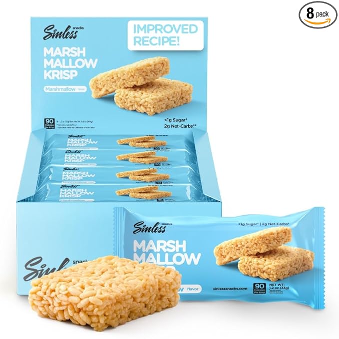 New Improved Recipe - Sinless Snacks Marsh Mallow Krisp - Perfect Keto Snacks - Delicious Gluten Free Low Carb Snacks - Marshmallow Keto Cereal Bars – Soft & Chewy Low Sugar – Less Than 1g - 8 Count