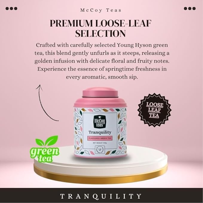 McCoy Teas Tranquility Tea Flavored Green Tea Loose Leaf Make Hot or Cold Ice and Brews with Premium Tea from Sri Lanka, 100g Can (Pack of 01)