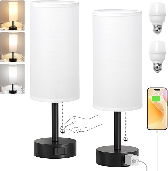 Fenmzee White Bedside Table Lamps Set of 2-3 Color Temperatures Pull Chain Lamp with AC Outlet Charging Port, Round Night Stand Lamps for Bedroom Office, Small Bed Side Light with E26 LED Bulbs