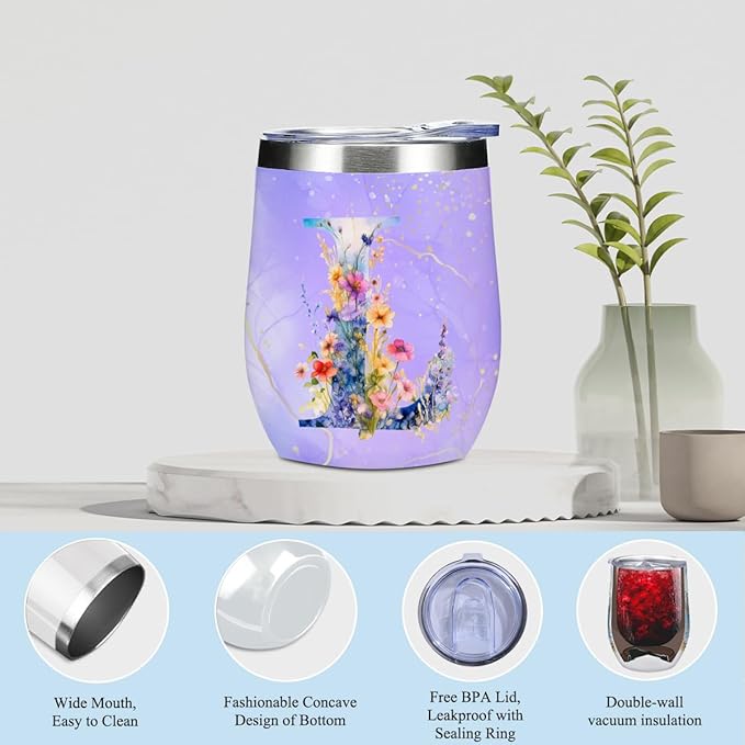 Personalized Gifts Monogrammed Birthday Gifts for Women, Mama New Mom Thanksgiving Wedding Christmas Initial Wine Tumbler Makeup Bag Scented Candle Bracelet Set, (Aesthetic Purple Flower L)