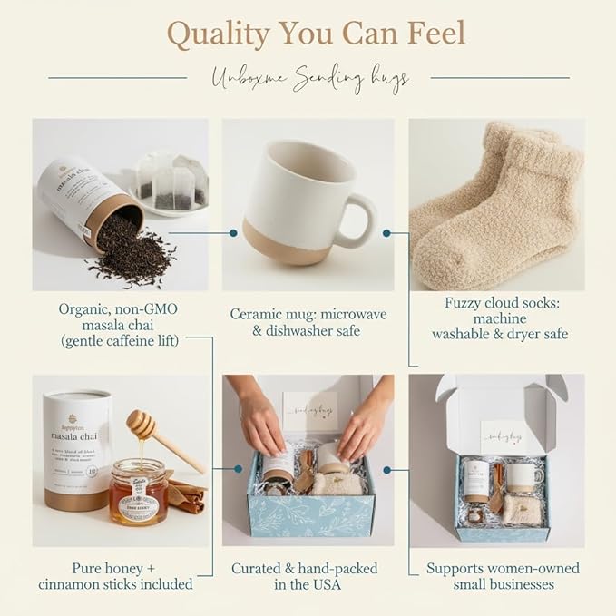 UnboxMe Tea Gift Basket Care Package for Women - Self Care Box with Cozy Socks, Mug, Chai Tea, Honey & Cinnamon, Get Well Soon, Thinking of You