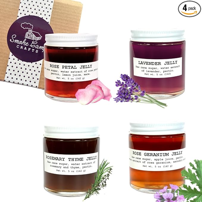 Four Pack Herbal Jam and Jelly Gift Set | Lavender Jelly | Rose Geranium Jelly | Rose Petal Jelly | Rosemary Thyme Jelly | 4-pack - 5 oz Jars | Mini Jam Jars Gift - Unique Gourmet Flavors