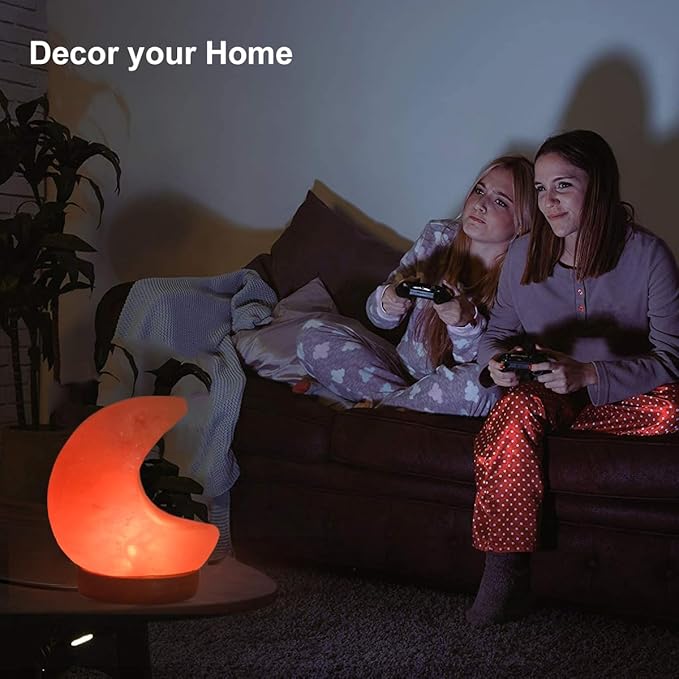 FANHAO Himalayan Salt Lamp, 100% Authentic Natural Hand Carved Moon Pink Crystal Rock Salt with 8 Color Changing, USB Salt Rock Lamp Night Light for Home Decor and Gift, Neem Wooden Base