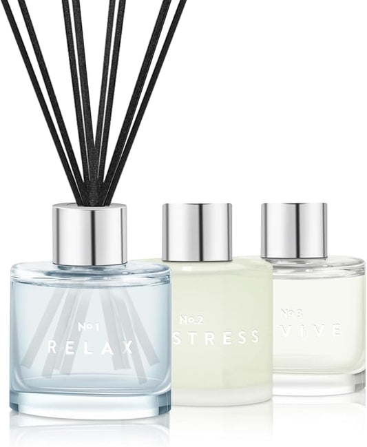 3 Pack Fragrance Reed Diffuser, 50ML Lavender Jasmine Freesia Aromatherapy Diffuser Set with 12 Black Fiber Sticks,Air Freshener for Bedroom Bathroom Office, 8.2X 6.6X 2.1 inch