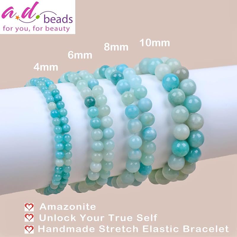 AD Beads Handmade Gemstone Stretch Elastic Bracelet Crystal Healing Reiki Nature's Beauty and Spiritual Essence Unisex (10mm, Amazonite (Unlock Your True Self))