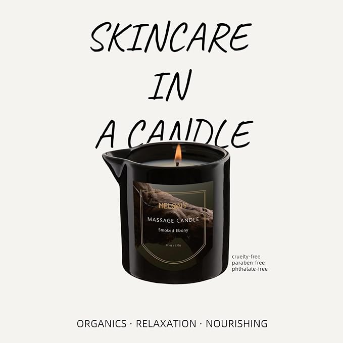 MELONY Luxury Massage Candle - Moisturising, Body Oil Candles for Muscle Relaxation, Home Spa, 8.1OZ (Smoked Ebony)