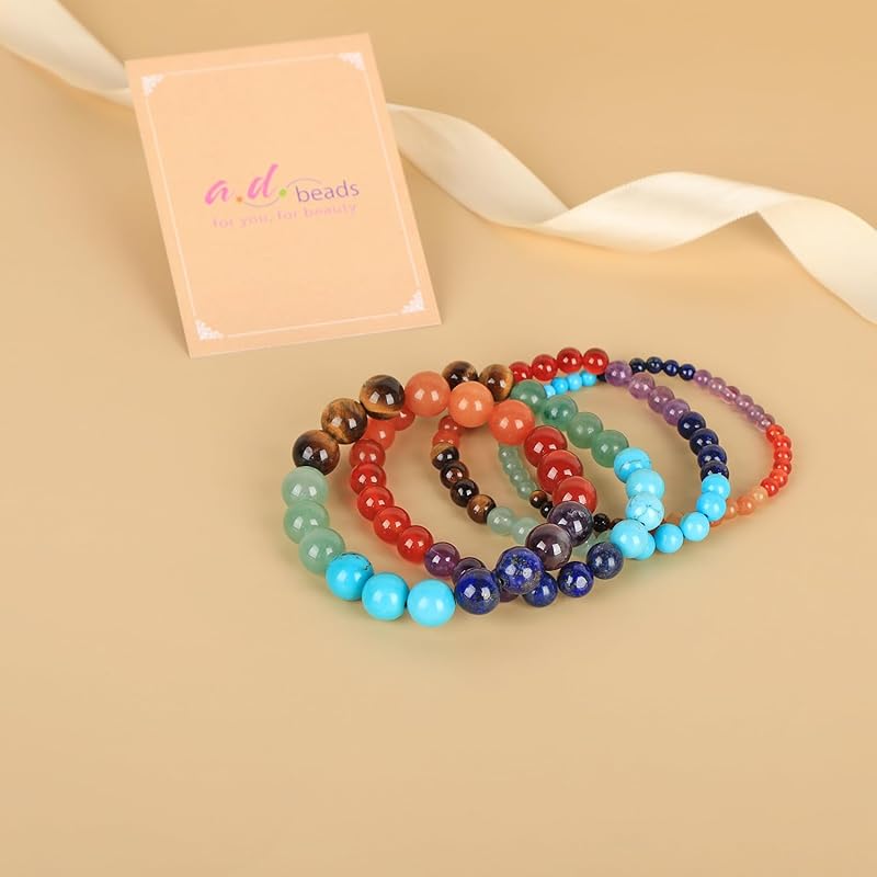 AD Beads Handmade Gemstone Stretch Elastic Bracelet Crystal Healing Reiki Nature's Beauty and Spiritual Essence Unisex (4mm, Seven Chakra Stones (Energy Balancing))