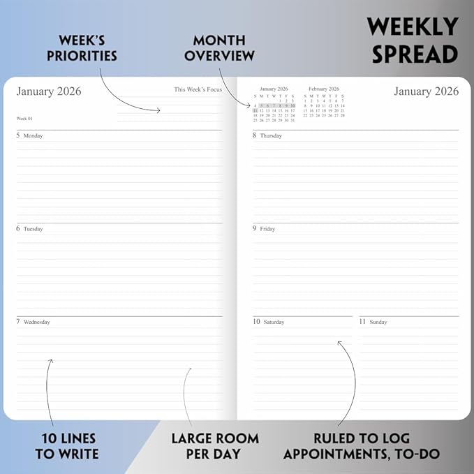 2025-2026 Planner - Weekly and Monthly Planner, Oct 2025 - Dec 2026, Holidays, Contacts and Notes Pages, Vegan Leather Cover, Elastic Closure, 5.5”x8.25”, Grey