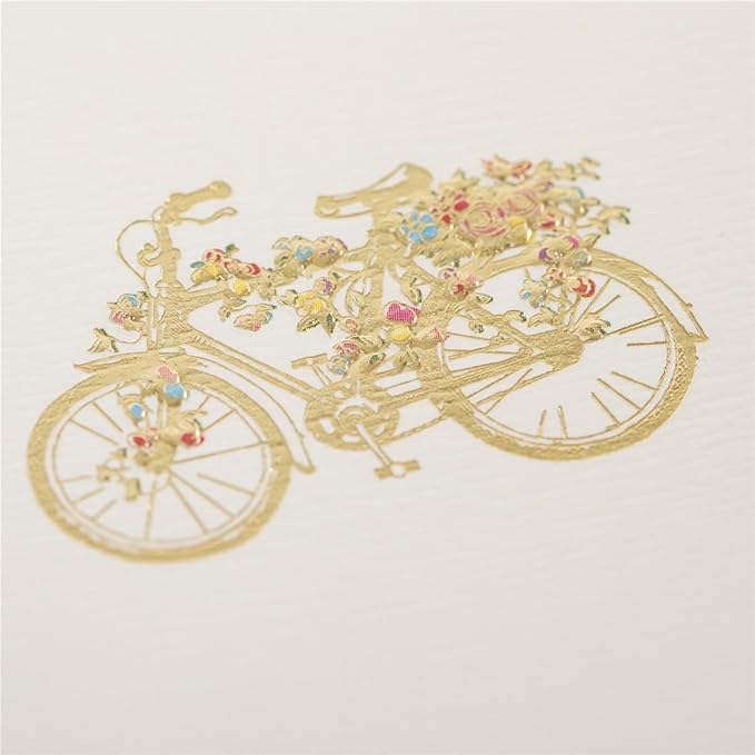 Graphique Flower Bicycle La Petite Presse Boxed Notecards, 10 Embellished Gold Foil Blank Cards with Matching Envelopes and Storage Box, 3.25" x 4.75"